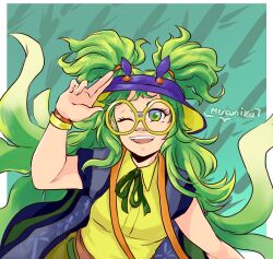 Rule 34 | 1girl, artist name, blonde hair, bracelet, breasts, commentary, dislyte, fumitsuki (kaguya-hime) (dislyte), glasses, gradient hair, green eyes, green hair, hat, highres, jewelry, long hair, medium breasts, mercuriika, multicolored hair, one eye closed, open mouth, purple hat, round eyewear, signature, smile, solo, two side up, upper body, very long hair, vest