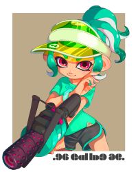 Rule 34 | .96 gal (splatoon), 1girl, absurdres, artist name, black shirt, bracelet, brown background, closed mouth, commentary, cowboy shot, dolphin shorts, english text, foreshortening, green hair, green shirt, gym shorts, highres, holding, holding weapon, jewelry, logo, looking at viewer, nintendo, octoling, octoling girl, octoling player character, otoboke-san, outside border, pointy ears, red eyes, shirt, short hair, short ponytail, short shorts, short sleeves, shorts, signature, smile, solo, splatoon (series), splatoon 2, standing, t-shirt, tan, tentacle hair, transparent, visor cap, weapon