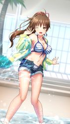 Rule 34 | 1girl, ;d, bikini, black shorts, blue ribbon, blurry, blurry background, breasts, brown eyes, brown hair, cleavage, collarbone, doukyuusei, doukyuusei another world, floating hair, front-tie bikini top, front-tie top, game cg, hair between eyes, hair ribbon, halterneck, high ponytail, indoors, jacket, large breasts, long hair, navel, off shoulder, official art, one eye closed, open clothes, open jacket, open mouth, open shorts, palm tree, red ribbon, ribbon, short shorts, shorts, sideboob, smile, soaking feet, solo, sparkle, striped bikini, striped clothes, swimsuit, tanaka misa, tree, very long hair, wading, white bikini, yellow jacket