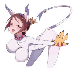 Rule 34 | 1girl, :d, animal ears, animal hands, bent over, blush, bodysuit, breasts, brown eyes, brown hair, cat ears, cat girl, cat tail, claws, collar, cosplay, digimon, digimon (creature), digimon adventure 02, fangs, female focus, gloves, hair ornament, hairclip, jumpsuit, large breasts, leaning forward, looking at viewer, open mouth, paw gloves, short hair, simple background, smile, solo, tail, tailmon, tailmon (cosplay), ter (otokoter), yagami hikari
