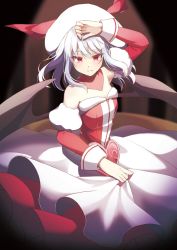 Rule 34 | 1girl, alternate costume, arm up, bare shoulders, beni kurage, closed mouth, commission, detached sleeves, dress, hair between eyes, hand up, hat, hat ribbon, heart, light, long sleeves, looking at viewer, red dress, red eyes, red ribbon, red sleeves, remilia scarlet, ribbon, shadow, short hair, skeb commission, smile, solo, touhou, white dress, white hair, white hat, wings