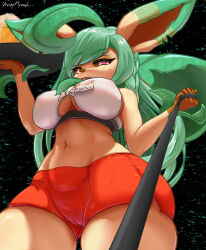 Rule 34 | 1girl, absurdres, artist name, bdsm, breasts, cameltoe, cleft of venus, creatures (company), crop top, furry, furry female, game freak, gen 4 pokemon, green hair, highres, holding, holding leash, holding tray, large breasts, leafeon, leash, long hair, looking at viewer, micro shorts, midriff, name tag, nintendo, orange shorts, pokemon, pokemon (creature), pokephilia, shirt, shorts, sturdyplywood, thighs, tray, underboob, watermark, white shirt