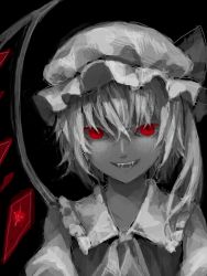 Rule 34 | 1girl, bad id, bad pixiv id, collared shirt, embodiment of scarlet devil, fangs, female focus, flandre scarlet, hair between eyes, hat, mob cap, monochrome, red eyes, shion (mamuring), shionty, shirt, side ponytail, solo, spot color, touhou, wings