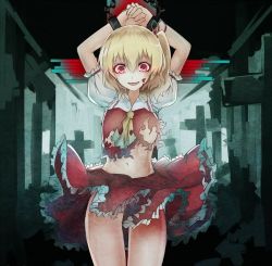 Rule 34 | 1girl, arms up, ascot, blonde hair, blood, blood on face, breasts, censored, chain, chiruru96, convenient censoring, cross, flandre scarlet, frilled skirt, frills, glowing, glowing eyes, looking at viewer, midriff, navel, no bra, no headwear, no headwear, no panties, no wings, open mouth, ponytail, puffy sleeves, red eyes, shirt, short hair, short sleeves, side ponytail, skirt, skirt set, small breasts, smile, solo, torn clothes, touhou, upskirt, vest