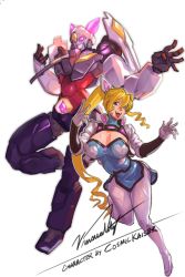 Rule 34 | 1girl, blonde hair, borrowed character, breasts, cleavage, cleavage cutout, clothing cutout, commentary, english commentary, galatikaizer (comsikaizer), gloves, grey gloves, lana branford (cosmikaizer), large breasts, looking to the side, mecha, open hand, original, pilot suit, purple eyes, robot, science fiction, smile, tongue, tongue out, twintails, uneven twintails, vinsuality