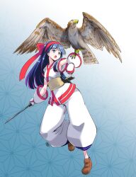 Rule 34 | 1girl, ainu clothes, armpit peek, blue hair, breasts, fingerless gloves, gloves, grey eyes, hair ribbon, highres, legs, mamahaha, nakoruru, open mouth, pants, ribbon, samurai spirits, small breasts, snk, solo, the king of fighters, thighs, weapon