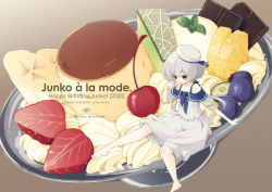 Rule 34 | 1girl, banana, banana slice, barefoot, blue eyes, blueberry, candy, cherry, chocolate, chocolate bar, commentary request, dessert, dress, food, food on face, fruit, happy, hat, haya bs, highres, ice cream, konno junko, long hair, looking at viewer, low twintails, melon, melon slice, neckerchief, oversized food, oversized object, parfait, pineapple, pineapple slice, pudding, sailor dress, sailor hat, short sleeves, solo, strawberry, twintails, whipped cream, white dress, white hair, zombie land saga