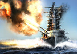 Rule 34 | battleship, cannon, firing, imperial japanese navy, ishii hisao, military, military vehicle, nagato (battleship), ocean, original, ship, smoke, warship, watercraft