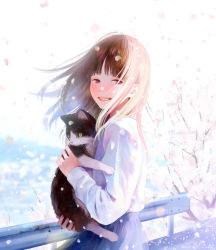 Rule 34 | 1girl, animal, bad id, bad pixiv id, blue skirt, brown hair, cat, cherry blossoms, day, holding, holding animal, holding cat, long hair, long sleeves, looking to the side, nakamura hinata, original, outdoors, parted lips, petals, shirt, skirt, standing, sunlight, white shirt