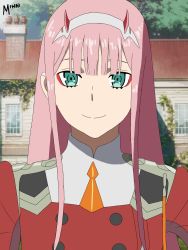 Rule 34 | 1girl, amateur, darling in the franxx, green eyes, highres, horns, long hair, looking at viewer, mihai, oni horns, pink hair, red horns, smile, solo, uniform, zero two (darling in the franxx)