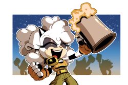 Rule 34 | 1girl, absurdres, bell, clenched hand, closed eyes, cowbell, cup, fingerless gloves, furry, furry female, gloves, highres, holding, holding cup, lanolin the sheep, novika, open mouth, pants, silhouette, sonic (series), sonic the hedgehog (idw), tankard, teeth, upper teeth only