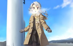 Rule 34 | 10s, 1girl, :o, asymmetrical hair, black pantyhose, blue sky, blush, breath, clenched hands, coat, day, flipped hair, gloves, grey eyes, grey gloves, kantai collection, long hair, long sleeves, mountain, necktie, nowaki (kancolle), open mouth, outdoors, pantyhose, pleated skirt, scarf, school uniform, silver hair, skirt, sky, solo, steam, swept bangs, takuzui, thighband pantyhose, vest, walking, yellow necktie