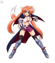 Rule 34 | 1girl, animal ears, arf, armor, blue eyes, breasts, cleavage, cleavage cutout, clothing cutout, fingerless gloves, gloves, lyrical nanoha, mahou shoujo lyrical nanoha, mahou shoujo lyrical nanoha a&#039;s, mahou shoujo lyrical nanoha a&#039;s portable: the battle of aces, midriff, navel, official art, open fly, solo, tail, thighhighs, unzipped