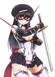 Rule 34 | 10s, 1girl, 2016, beret, black hair, black hat, black skirt, bodysuit, bow, breasts, cleavage, covered navel, cowboy shot, cyborg, dated, hat, highres, kagaku touki silver raina, large breasts, leotard, long hair, looking at viewer, magical girl, mask, mecha musume, mechanical arms, miniskirt, original, pink eyes, red bow, reverse grip, signature, single mechanical arm, skin tight, skirt, smile, solo, sword, thighhighs, tokihama jirou, weapon, white background, white thighhighs