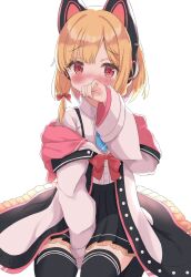 1girl animal_ear_headphones animal_ears black_skirt black_thighhighs blonde_hair blue_archive blue_necktie blush bow cat_ear_headphones commentary covering_own_mouth fake_animal_ears hair_bow hand_over_own_mouth headphones highres jacket long_sleeves looking_at_viewer mayu_next1222 momoi_(blue_archive) necktie open_clothes red_bow red_eyes shirt short_hair simple_background sitting skirt sleeves_past_wrists solo thighhighs white_background white_jacket white_shirt