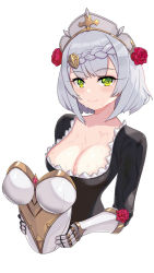 Rule 34 | 1girl, armor, unworn armor, black dress, boobplate, breastplate, breasts, cleavage, combat maid, cropped torso, dress, flower, genshin impact, green eyes, hair flower, hair ornament, half-closed eyes, highres, jamgom, looking at viewer, maid, maid headdress, medium breasts, noelle (genshin impact), short hair, simple background, smile, solo, sweat, upper body, white background, white hair