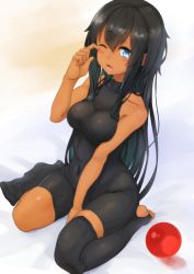 Rule 34 | 1girl, ;o, arm up, ball, bare shoulders, bed sheet, between legs, black hair, black thighhighs, blue eyes, blush, body blush, bodysuit, breasts, breasts squeezed together, clenched hand, collarbone, covered navel, dark-skinned female, dark skin, eyebrows, full body, hair between eyes, halterneck, hand between legs, hand up, highres, hip focus, indoors, large breasts, long hair, looking at viewer, on bed, one eye closed, open mouth, original, parted bangs, raised eyebrows, rubbing eyes, sidelocks, single thighhigh, sitting, skin tight, solo, taut clothes, teardrop, tears, thighhighs, unworn thighhighs, toeless legwear, toes, turtleneck, unitard, very long hair, waking up, wariza, wiping tears, yuzu lemon, zettai ryouiki