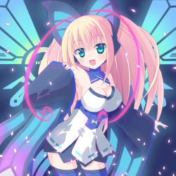 1girl azure_striker_gunvolt bare_shoulders blonde_hair breasts butterfly_hair_ornament cleavage detached_sleeves female_focus hair_ornament highres long_hair lumen_(gunvolt) multicolored_hair red_hair ski_(sakai_farbe) solo thighhighs two-tone_hair wide_sleeves wings