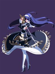 Rule 34 | 1girl, ahoge, blue eyes, blue hair, dress, ecole, fighting stance, french-bread, full body, high heels, huge ahoge, long hair, matching hair/eyes, official art, orie ballardiae harada, pantyhose, purple background, rapier, shoes, simple background, solo, spikes, standing, sword, thighhighs, tiptoes, under night in-birth, weapon, white pantyhose, yoshihara seiichi