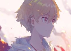 Rule 34 | 1boy, blonde hair, blurry, blurry background, child gilgamesh (fate), closed mouth, commentary, depth of field, embers, fate/stay night, fate (series), from side, gilgamesh (fate), hair between eyes, jewelry, male focus, necklace, portrait, red eyes, shirabi, smile, solo, upper body