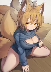 Rule 34 | 1girl, absurdres, alternate costume, animal ears, blonde hair, blue sweater, breasts, cleavage, cleavage cutout, clothing cutout, commentary request, fox ears, fox tail, highres, large breasts, looking at viewer, mamemochi, meme attire, multiple tails, open-chest sweater, short hair, solo, sweater, tail, touhou, yakumo ran