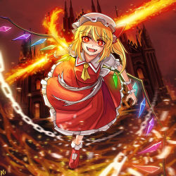 Rule 34 | a-xii, ascot, blonde hair, chain, crazy eyes, dress, flandre scarlet, flying, hat, highres, holding, holding weapon, looking at viewer, mob cap, open mouth, red dress, red eyes, red sky, scarlet devil mansion, short hair, sky, smile, solo, sword, touhou, weapon, yellow ascot