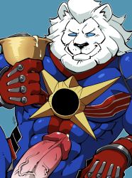 Rule 34 | 1boy, bara, beard, bodysuit, cowboy shot, cum, erection, facial hair, fate/grand order, fate (series), furry, furry male, gloves, highres, holy grail (fate), large pectorals, large penis, lion, lion boy, looking at viewer, male focus, mature male, muscular, muscular male, pectorals, penis, precum, shirako (kirupi), short hair, simple background, skin tight, smile, solo, thomas edison (fate), tight clothes, uncensored, white hair