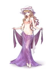 Rule 34 | 1girl, bad id, bad twitter id, barefoot, blonde hair, collarbone, covering privates, covering breasts, full body, groin, hair censor, hat, hat ribbon, highres, long hair, long skirt, looking at viewer, minust, mob cap, navel, open mouth, purple eyes, ribbon, see-through, simple background, skirt, smile, solo, standing, topless, touhou, white background, yakumo yukari