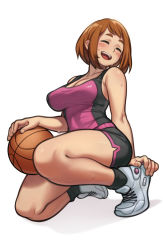 Rule 34 | 1girl, absurdres, artist request, ball, basketball, basketball (object), boku no hero academia, breasts, brown eyes, brown hair, closed eyes, gym uniform, highres, impossible clothes, impossible shirt, large breasts, open mouth, shirt, simple background, smile, solo, source request, tagme, tank top, uraraka ochako, white background