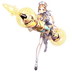 Rule 34 | 1girl, blonde hair, breasts, cleavage, closed mouth, detached collar, dress, feet, full body, hat, highres, holding, holding weapon, jewelry, large breasts, legs, looking at viewer, medium hair, nurse, nurse cap, orange eyes, pendant, shoes, smile, solo, standing, thighhighs, thighs, transparent background, uniform, unitia, weapon, wrist cuffs
