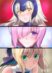 Rule 34 | :&lt;, artoria pendragon (all), artoria pendragon (fate), black ribbon, blonde hair, blush, close-up, commentary request, embarrassed, fate/grand order, fate/unlimited codes, fate (series), green hair, hair over one eye, hair ribbon, headpiece, jeanne d&#039;arc (fate), jeanne d&#039;arc (ruler) (fate), jeanne d&#039;arc alter (avenger) (fate), jeanne d&#039;arc alter (fate), long hair, looking at viewer, mash kyrielight, orange eyes, ponytail, purple eyes, purple hair, ribbon, saber (fate), saber lily, shirotsumekusa, short hair, smile, sweatdrop