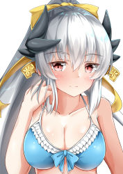 Rule 34 | 2girls, absurdres, bare arms, bare shoulders, bikini, blue bikini, bow, bow bikini, breasts, cleavage, closed mouth, collarbone, dragon horns, fate/grand order, fate (series), frilled bikini, frills, grey hair, hair bow, high ponytail, highres, horns, kiyohime (fate), kiyohime (swimsuit lancer) (third ascension) (fate), large breasts, long hair, moyoron, multiple girls, ponytail, red eyes, simple background, smile, solo, swimsuit, upper body, very long hair, white background, yellow bow