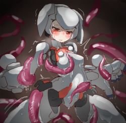 Rule 34 | 10s, 1girl, android, blush, breasts, drooling, gradient background, gunslinger stratos, humanoid robot, joints, licking, red eyes, restrained, robot, robot ears, robot joints, silver hair, slime (substance), small breasts, solo, tentacles, trembling, xi-988, yeti (mu kaiten)