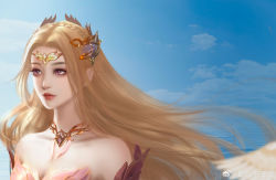 Rule 34 | 1girl, absurdres, bare shoulders, bibi dong zhuye, blonde hair, blue eyes, blue sky, cloud, douluo dalu, expressionless, hair ornament, highres, long hair, looking to the side, ocean, qian renxue (douluo dalu), sky, solo, upper body, wings