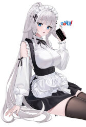 Rule 34 | 1girl, apron, blue eyes, breasts, c14 (girls&#039; frontline), cellphone, detached sleeves, girls&#039; frontline, high ponytail, highres, large breasts, maid, maid apron, maid headdress, phone, pink nails, pre (preecho), ribbon, skindentation, smartphone, solo, thighhighs, white hair