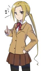 Rule 34 | 1girl, bad id, bad twitter id, blonde hair, brown eyes, brown jacket, brown skirt, collared shirt, commentary request, cowboy shot, hagimura suzu, hand on own hip, jacket, long hair, long sleeves, looking at viewer, monochrome, neck ribbon, parted bangs, parted lips, pleated skirt, pointing, pointing at viewer, red ribbon, ribbon, school uniform, seitokai yakuindomo, shirt, simple background, sketch, skirt, solo, standing, translated, twintails, very long hair, white background, white shirt, yuki arare