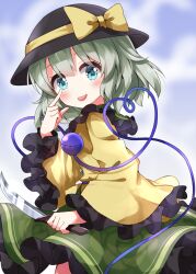 Rule 34 | 1girl, :p, akanbe, black hat, blue eyes, blush, bow, buttons, commentary request, diamond button, eyeball, eyelid pull, frilled shirt collar, frilled sleeves, frills, green hair, green skirt, hat, hat bow, heart, heart of string, highres, holding, holding knife, knife, komeiji koishi, long sleeves, looking at viewer, medium hair, ruu (tksymkw), shirt, skirt, solo, third eye, tongue, tongue out, touhou, wide sleeves, yellow bow, yellow shirt