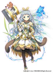 Rule 34 | 1girl, acorn, armor, armored dress, black gloves, black pantyhose, blue eyes, bow, brown scarf, chipmunk, closed mouth, creature, flower, flower knight girl, full body, gloves, grey hair, hair bow, hammer, holding, holding weapon, hordeum (flower knight girl), kurot, long hair, looking at viewer, name connection, object namesake, official art, pantyhose, scarf, shoes, simple background, smile, solo, squirrel, standing, standing on one leg, water, weapon, white background, white footwear, yellow bow