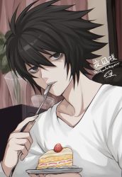 Rule 34 | 1boy, black eyes, black hair, cake, commentary request, commission, death note, food, fork, hair between eyes, hand up, highres, holding, holding fork, indoors, l (death note), looking at viewer, male focus, shimizu akina, shirt, short hair, skeb commission, solo, strawberry shortcake, upper body, white shirt