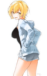 Rule 34 | 1girl, black camisole, blonde hair, blush, breasts, camisole, dolphin shorts, hands in pockets, highres, hood, hoodie, looking at viewer, medium breasts, open clothes, open hoodie, original, short hair, shorts, simple background, smile, solo, susukumo nagi, white background, yellow eyes