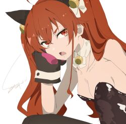 Rule 34 | 1girl, ahoge, animal ears, animal hands, armpits, bell, black leotard, black thighhighs, breasts, brown dust 2, cat ears, cat paws, cleavage, collar, eris greyrat, fake animal ears, feet out of frame, from side, hair between eyes, hand on own chin, jingle bell, leotard, long hair, looking at viewer, lower teeth only, medium breasts, mushoku tensei, open mouth, red eyes, red hair, short eyebrows, signature, simple background, sitnon, sitting, solo, teeth, thighhighs, twintails, very long hair, white background, white collar