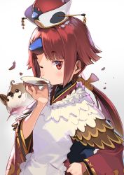 Rule 34 | 1girl, apron, benienma (fate), bird, brown hair, fate/grand order, fate (series), feather trim, hand on own hip, hat, kanzarin, low ponytail, one eye closed, plate, red eyes, solo, tasting, tasting plate, wide sleeves