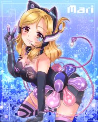 Rule 34 | 1girl, animal ears, arm support, black gloves, blonde hair, breasts, brown eyes, cat ears, character name, choker, cleavage, collarbone, elbow gloves, eneco, fake animal ears, gloves, grey shorts, headphones, headset, highres, kneeling, love live!, love live! school idol festival, love live! sunshine!!, medium breasts, microphone, ohara mari, short shorts, shorts, sleeveless, solo, star (symbol), strapless, striped clothes, striped thighhighs, thighhighs, w