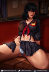 Rule 34 | 1girl, artist name, black hair, blue eyes, blush, breasts, clothes lift, highres, indoors, kill la kill, lips, looking at viewer, luminyu, matoi ryuuko, multicolored hair, panties, parted lips, short hair, signature, sitting, skirt, skirt lift, solo, spread legs, thick thighs, thighs, underwear, uniform