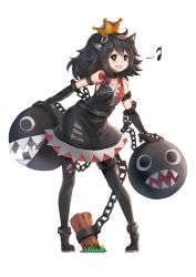 Rule 34 | 1girl, absurdres, black dress, black eyes, black footwear, black gloves, black hair, black pantyhose, blush, boots, bow, breasts, chain, chain chomp, chain leash, cleavage, collarbone, cuffs, dress, elbow gloves, full body, gloves, highres, leash, long hair, looking at viewer, mario (series), medium breasts, musical note, new super mario bros. u deluxe, nintendo, pantyhose, parted lips, persocon93, ponytail, princess chain chomp, red bow, shackles, sharp teeth, smile, solo, stake, standing, super crown, teeth, torn clothes, torn pantyhose