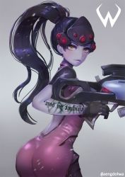 Rule 34 | 1girl, ass, back, bad id, bad pixiv id, cowboy shot, female focus, gloves, gradient background, grey background, gun, hanato (seonoaiko), long hair, looking at viewer, overwatch, overwatch 1, ponytail, rifle, sniper rifle, solo, standing, tattoo, twitter username, weapon, widowmaker (overwatch), yellow eyes