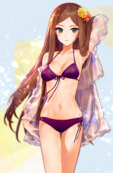 Rule 34 | 1girl, ainy, arm up, armpits, artist name, bad id, bad pixiv id, bikini, blue background, blush, brown hair, commentary request, cowboy shot, flower, front-tie bikini top, front-tie top, green eyes, hair flower, hair ornament, halterneck, hand in own hair, highres, idolmaster, idolmaster cinderella girls, light particles, long hair, long sleeves, looking at viewer, matsuyama kumiko, navel, orange flower, parted lips, purple bikini, see-through, solo, standing, stomach, swimsuit, thighs, twitter username, very long hair, yellow flower
