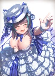 Rule 34 | 1girl, absurdres, aqua hair, azur lane, backless dress, backless outfit, bare shoulders, breasts, cheshire (azur lane), cheshire (the cat and the white steed) (azur lane), cleavage, closed eyes, dress, facing viewer, fang, from above, grey hair, hat, highres, large breasts, layered dress, medium hair, multicolored hair, official alternate costume, open mouth, simple background, skin fang, solo, streaked hair, sun hat, white background, white dress, white hat, zusshii (libertasgenesis)