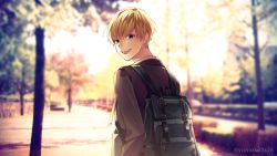 Rule 34 | 1boy, bag, blazer, blonde hair, commentary request, green eyes, honeyworks, jacket, looking back, male focus, open mouth, school uniform, smile, solo, tree, yamako (state of children)