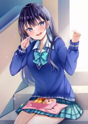 Rule 34 | 1girl, :d, bandaid, bandaid on hand, bento, black hair, blue bow, blue eyes, blue skirt, blue sweater, bow, collared shirt, commentary request, day, dress shirt, food, food on face, fork, highres, holding, holding fork, long hair, long sleeves, looking at viewer, mole, mole on neck, nail polish, open mouth, original, pink nails, plaid, plaid skirt, pleated skirt, puffy long sleeves, puffy sleeves, sakura hiyori, school uniform, shirt, sitting, sitting on stairs, skirt, sleeves past wrists, smile, solo, stairs, sunlight, sweater, very long hair, white shirt